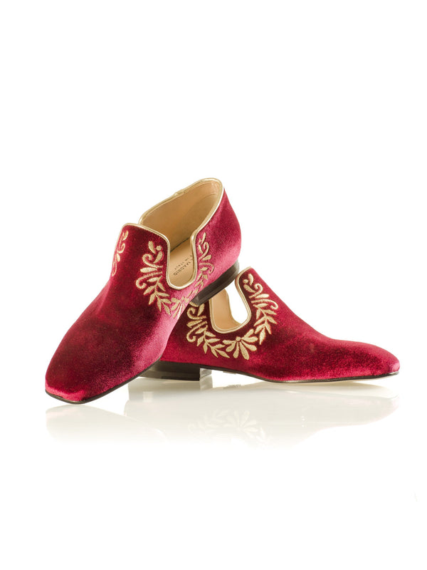 Iris Flat in Red Velvet & Gold Embroidery